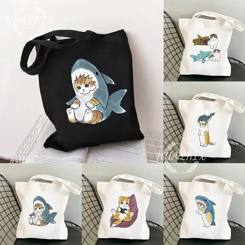 Funny Cat Shark Shopping Bag for Kids and Women