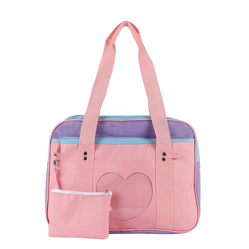 Women Heart Patchwork Canvas Shoulder Bag Large Capacity Travel Handbags