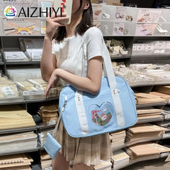 Women Heart Patchwork Canvas Shoulder Bag Large Capacity Travel Handbags