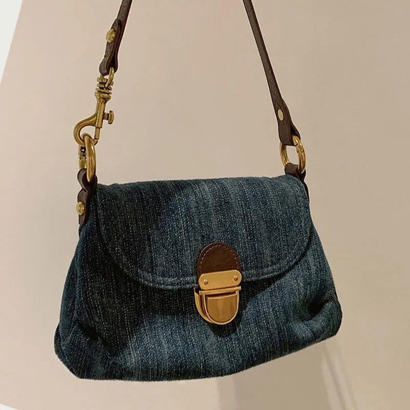 Vintage Denim Shoulder Bag for Women Retro Classic Female Handbag