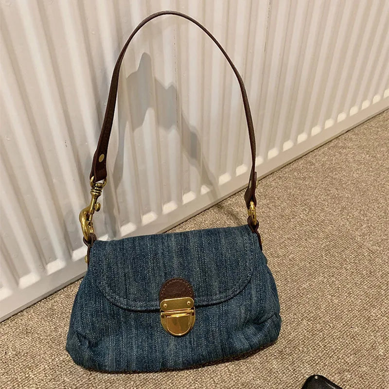 Vintage Denim Shoulder Bag for Women Retro Classic Female Handbag