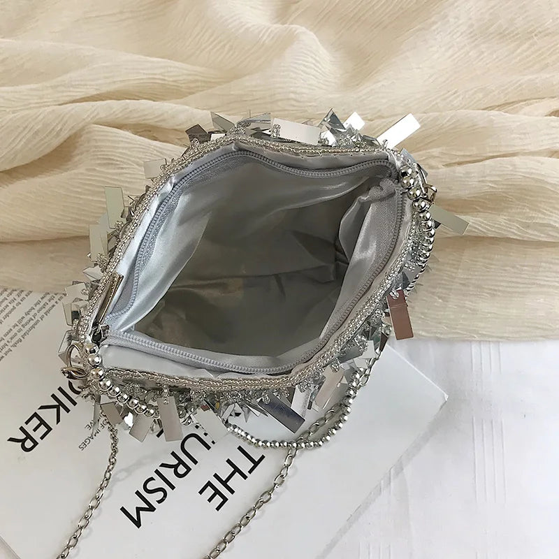 Silver Sequin Rhinestone Tassel Small Shoulder Bag Chain Ladies Evening Clutch