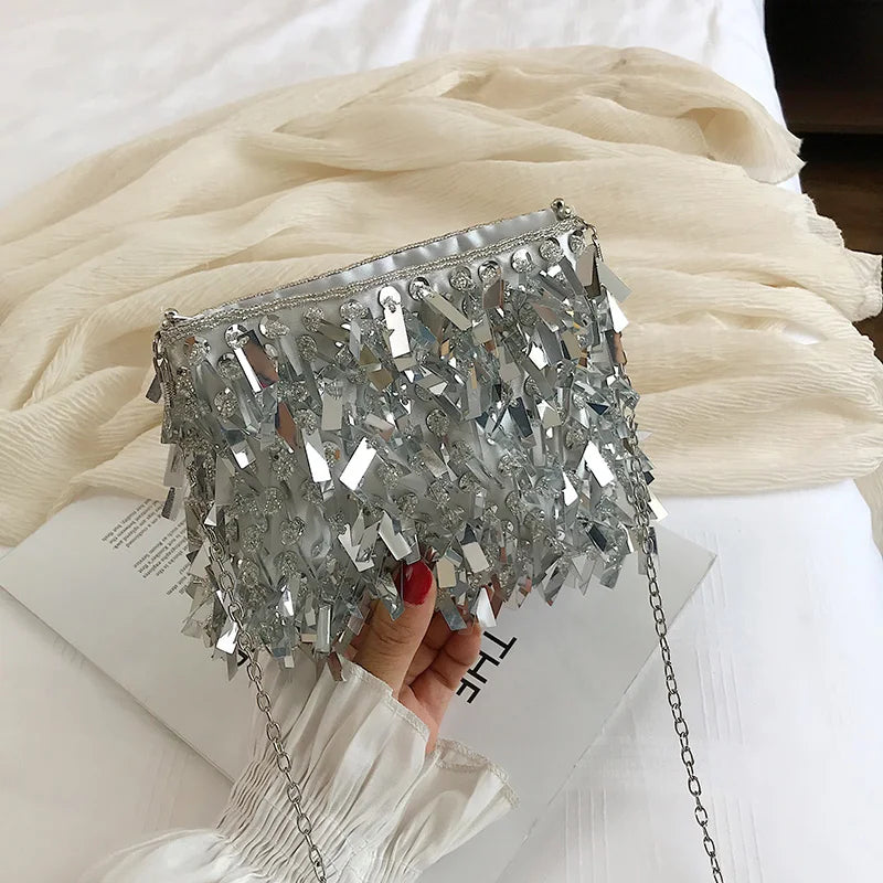 Silver Sequin Rhinestone Tassel Small Shoulder Bag Chain Ladies Evening Clutch