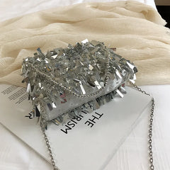 Silver Sequin Rhinestone Tassel Small Shoulder Bag Chain Ladies Evening Clutch