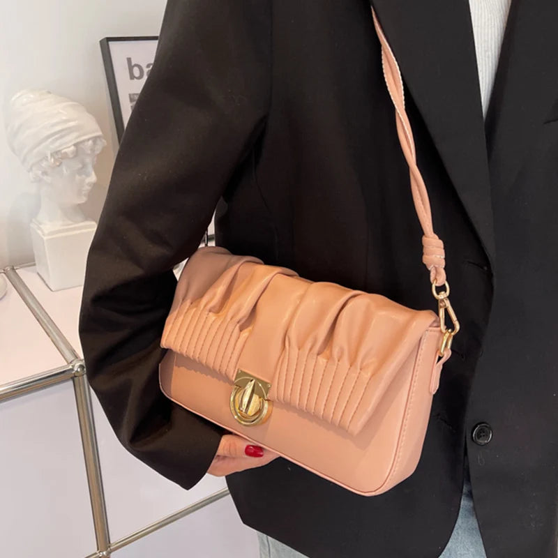 Pleated Shoulder Bags PU Leather Handbags Crossbody Purse