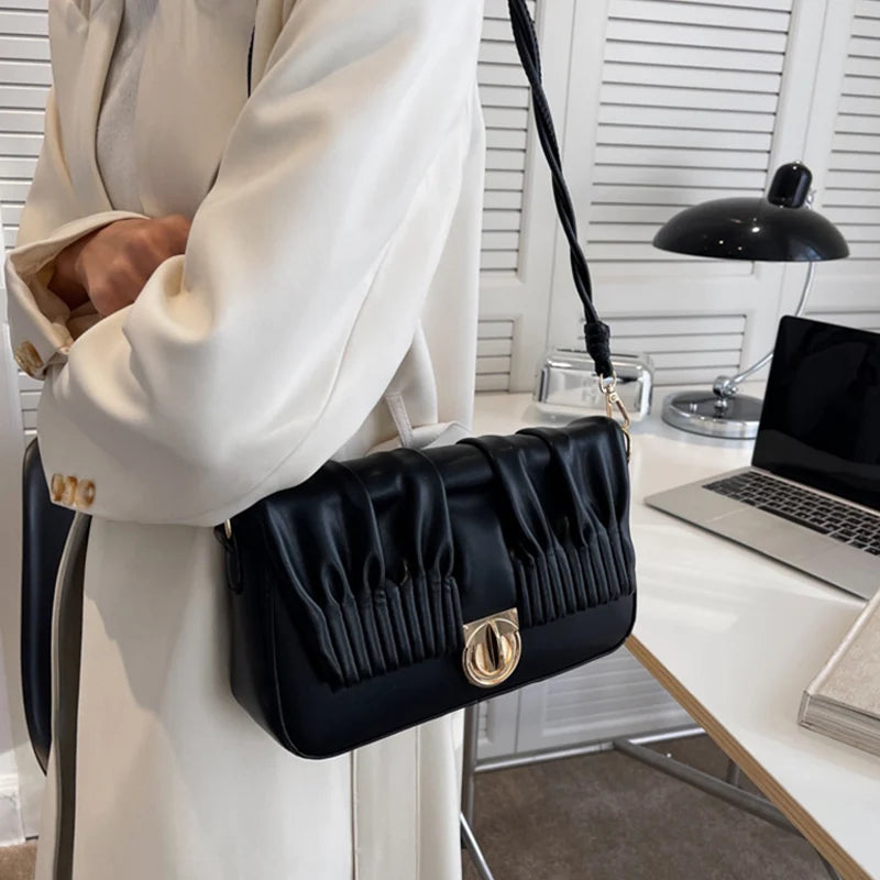 Pleated Shoulder Bags PU Leather Handbags Crossbody Purse
