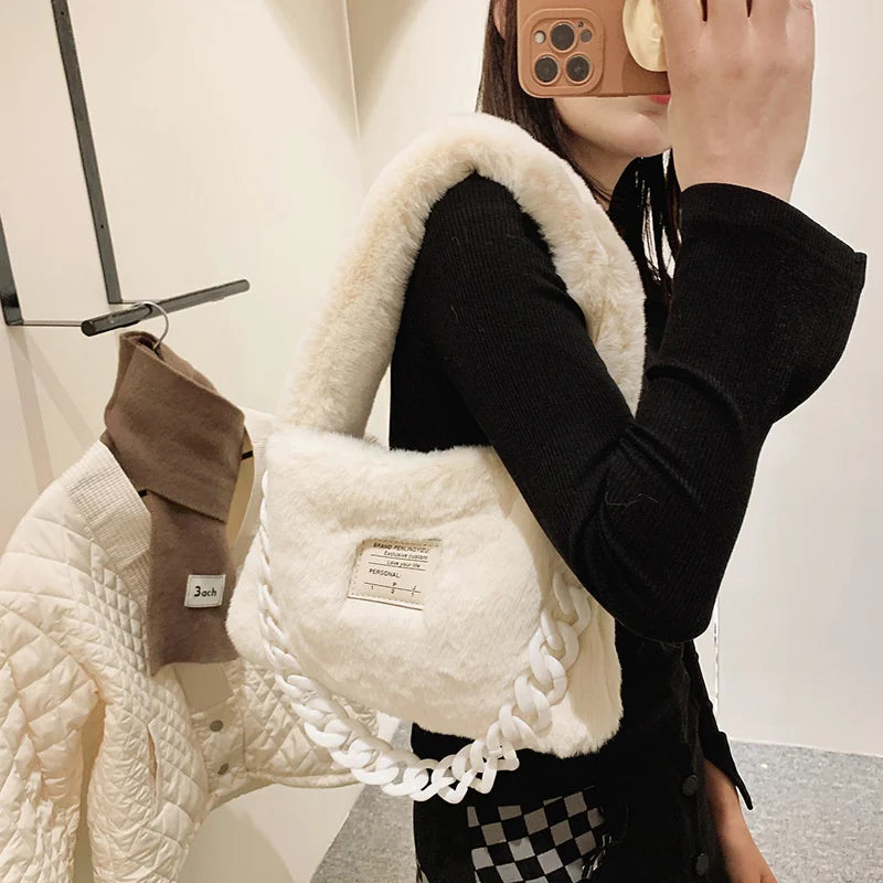 Women Plush Shoulder Candy Bag Winter Furry Shopper Totes Ladies Chains Decor