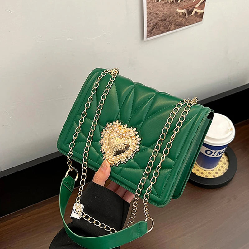 Embroidered Thread PU Leather Shoulder Bag with Metal Sheet Heart