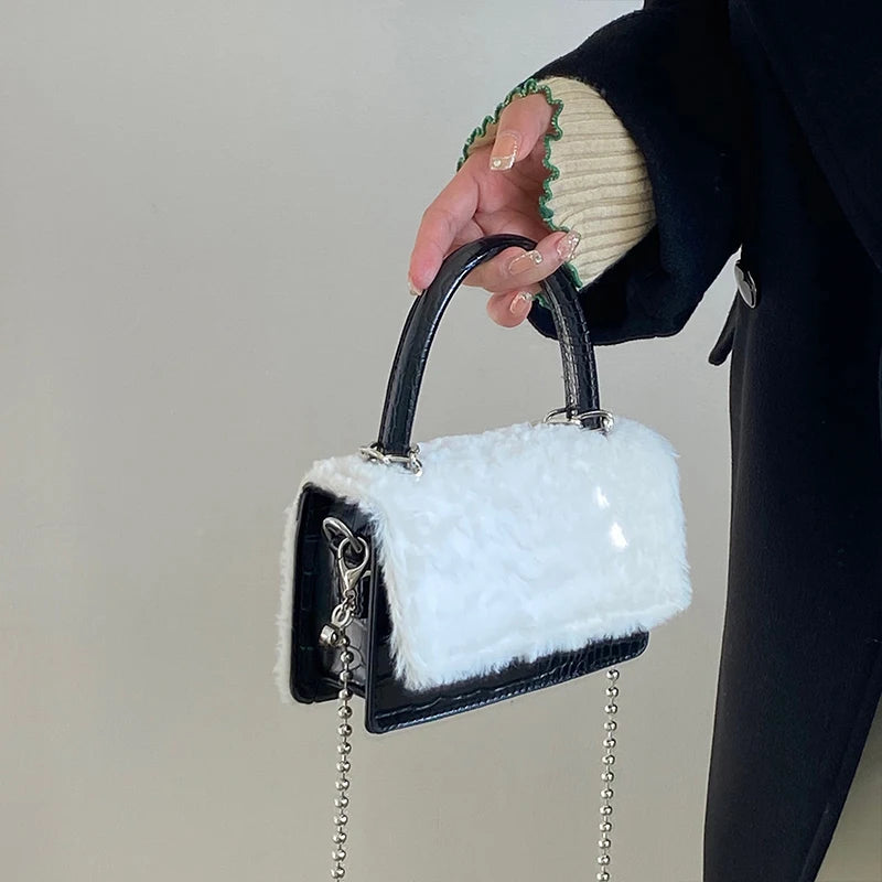 Faux Fur Plush Crossbody Bag Chain Clutch Purse Women's Small Square Shoulder