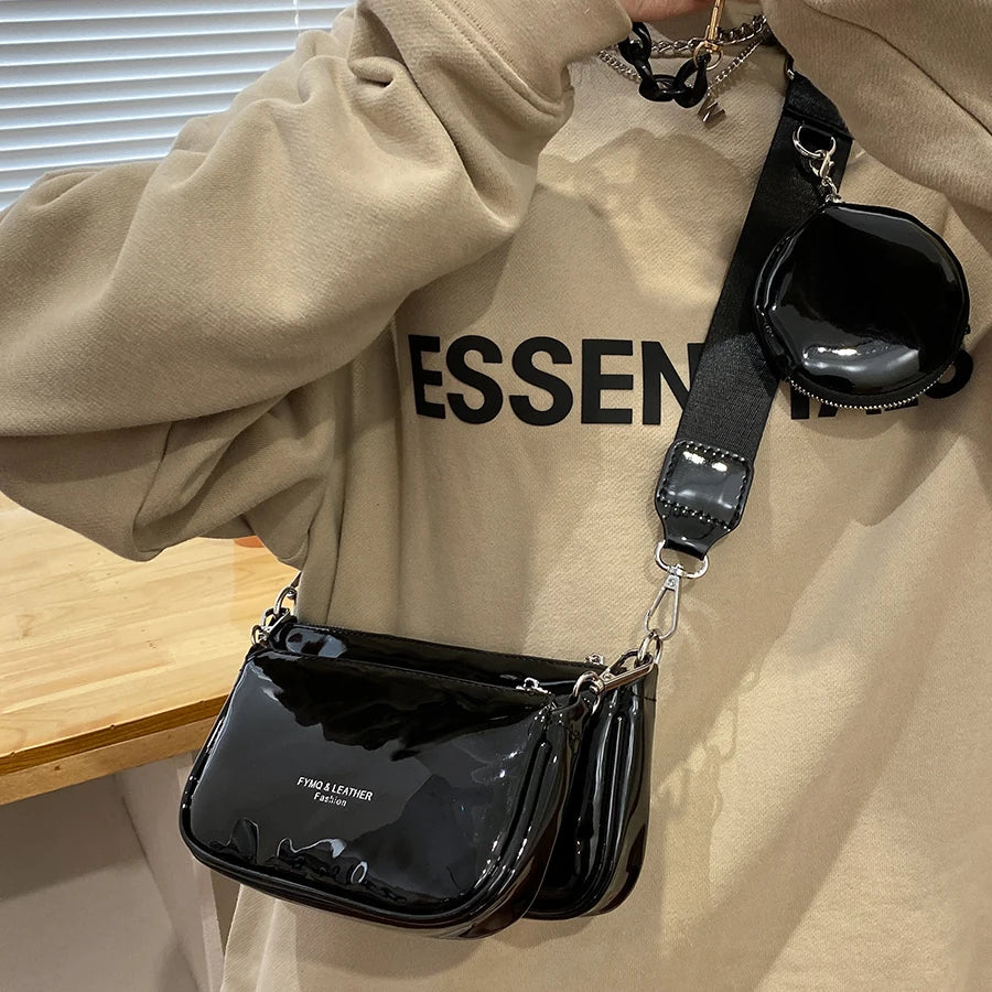 Crossbody Messenger Bag Set with Wide Strap - 3 Small PU Leather Shoulder Bags