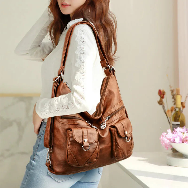 Vintage Leather Shoulder Bag Large Capacity Crossbody Tote Purse