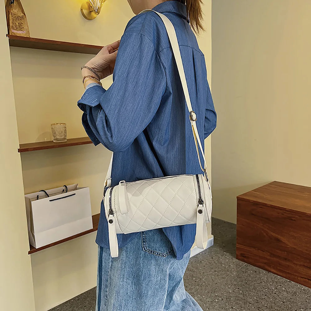 Diamond Lattice Cylinder Crossbody Bags for Women PU Leather Shoulder Bags