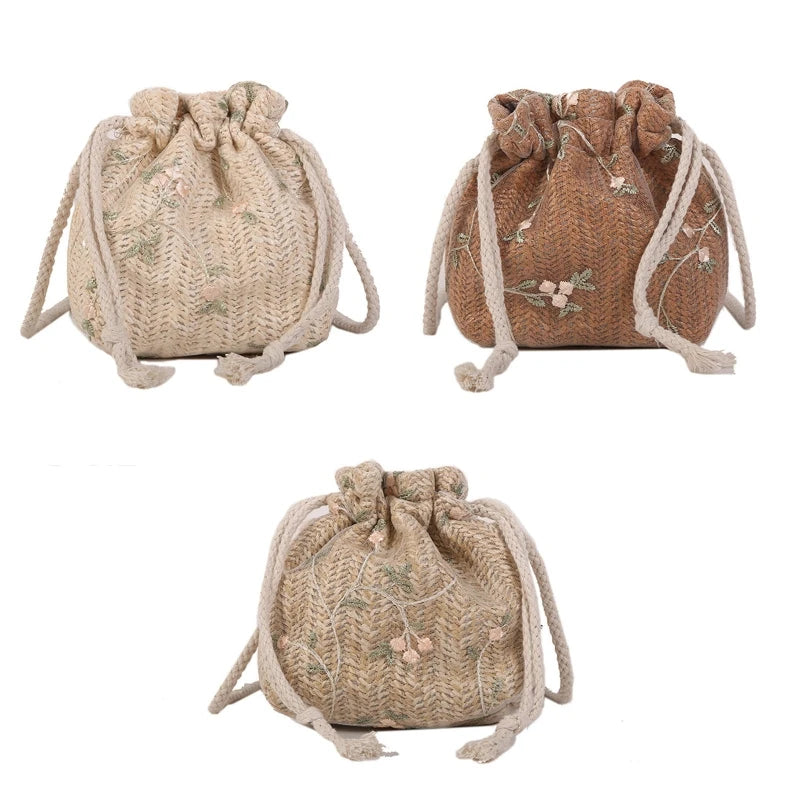 Embroidered Flower Drawstring Straw Bag Crossbody Bucket Bag