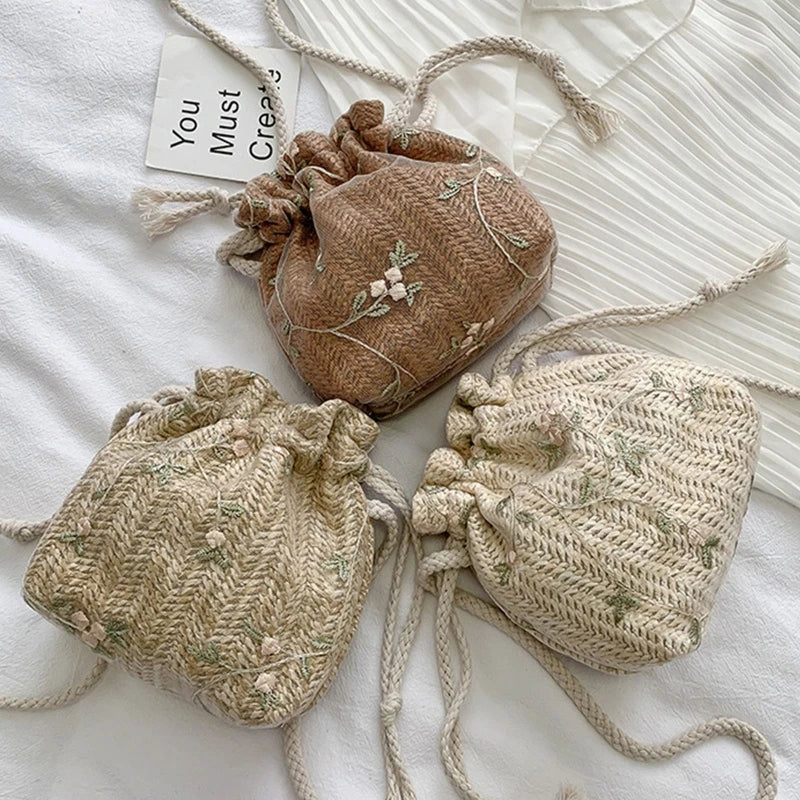 Embroidered Flower Drawstring Straw Bag Crossbody Bucket Bag