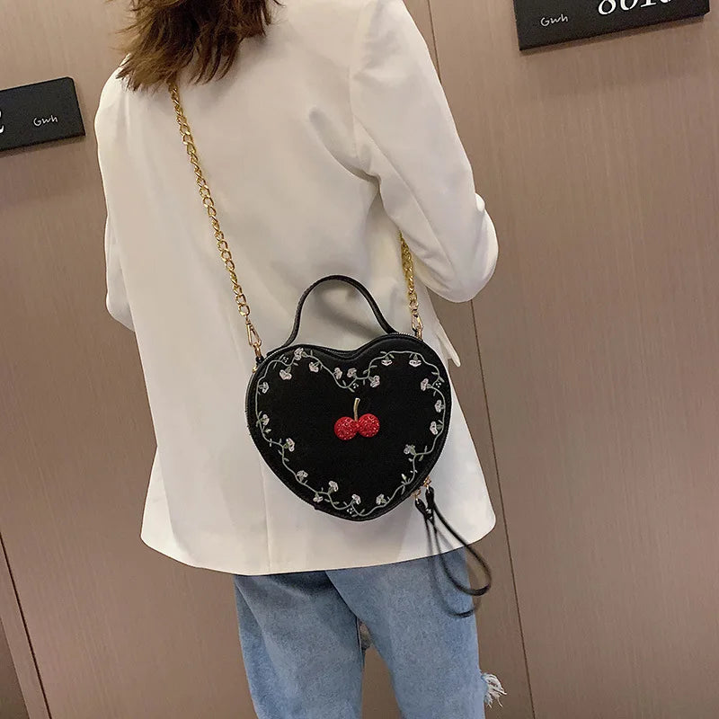 Cherry Heart Crossbody Bag Embroidered Shoulder Clutch