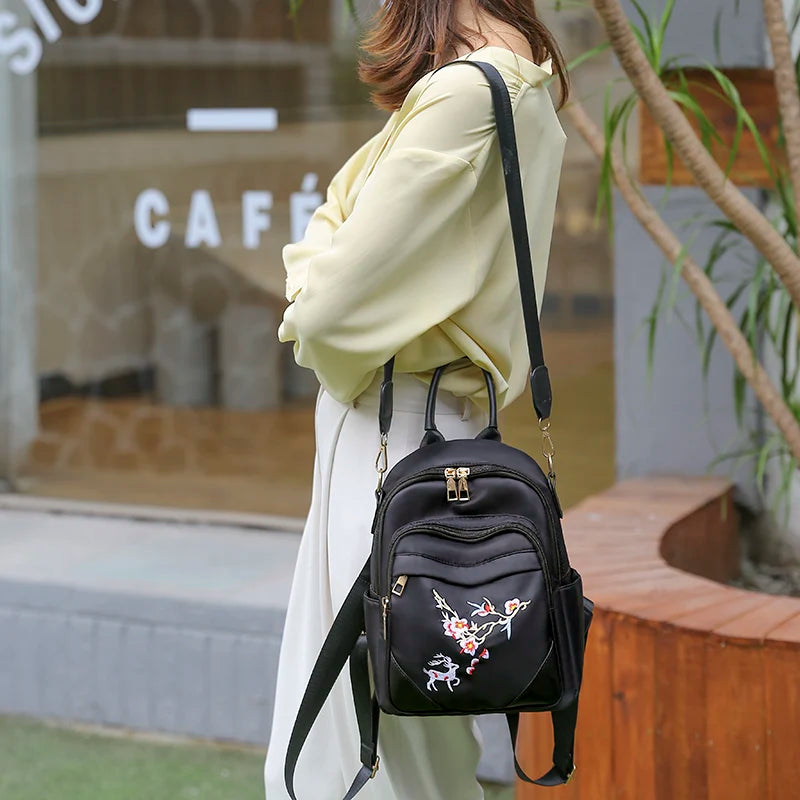 Embroidery Flower Backpack Lady Casual Solid Bagpack
