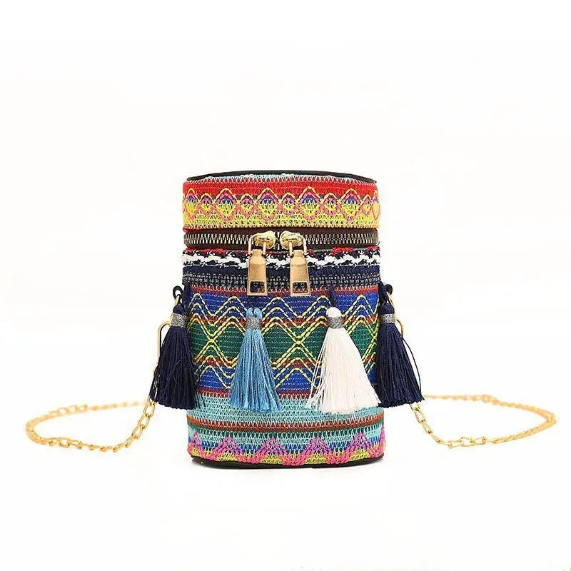 Ethnic Style Shoulder Crossbody Bag Women Tassel Hand-Woven Bucket Purse