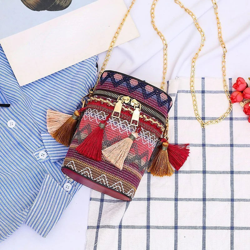 Ethnic Style Shoulder Crossbody Bag Women Tassel Hand-Woven Bucket Purse