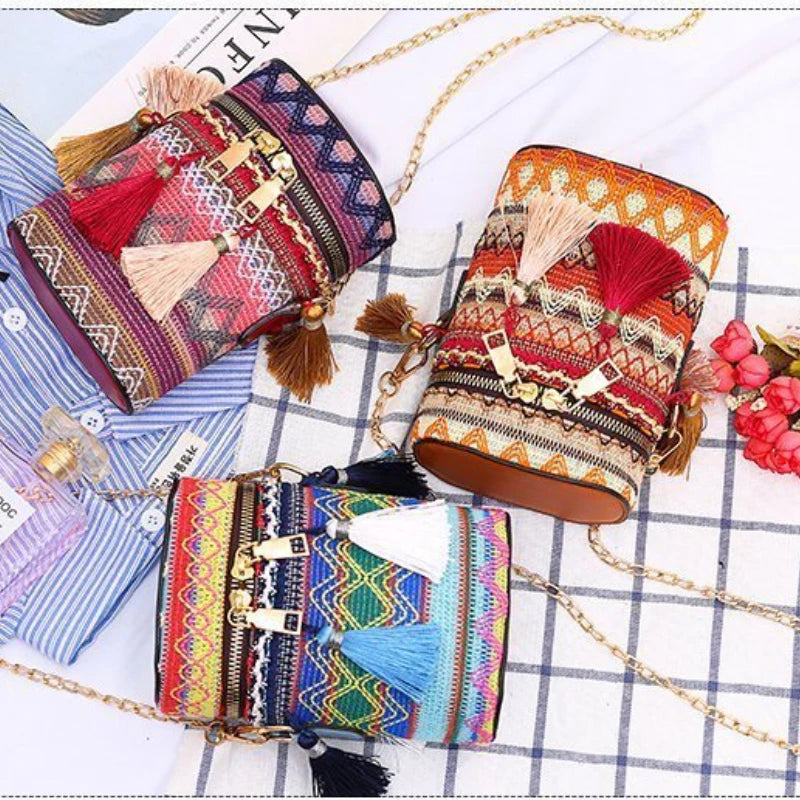 Ethnic Style Shoulder Crossbody Bag Tassel Hand-Woven Bucket Purse