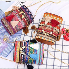 Ethnic Style Shoulder Crossbody Bag Tassel Hand-Woven Bucket Purse