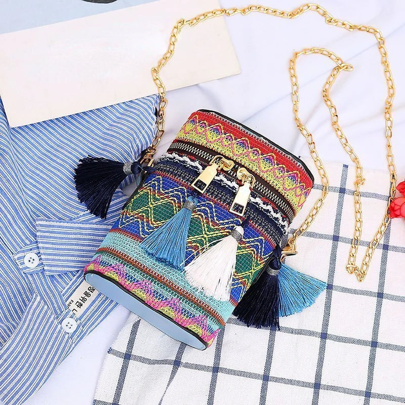 Ethnic Style Shoulder Crossbody Bag Women Tassel Hand-Woven Bucket Purse