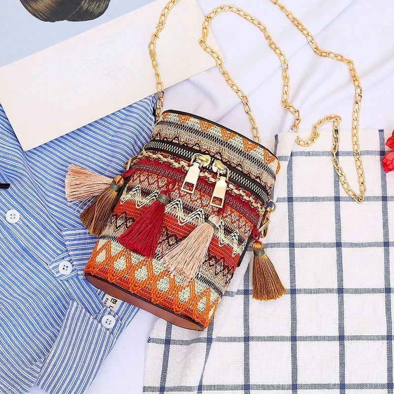 Ethnic Style Shoulder Crossbody Bag Women Tassel Hand-Woven Bucket Purse