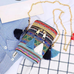 Ethnic Style Shoulder Crossbody Bag Tassel Hand-Woven Bucket Purse