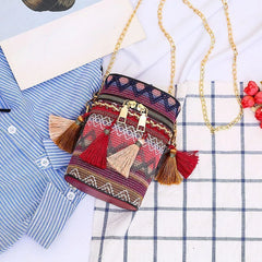 Ethnic Style Shoulder Crossbody Bag Tassel Hand-Woven Bucket Purse