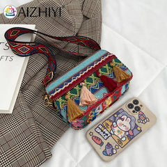 Ethnic Style Women PU Leather Stripes Printing Shoulder Crossbody Messenger Bag