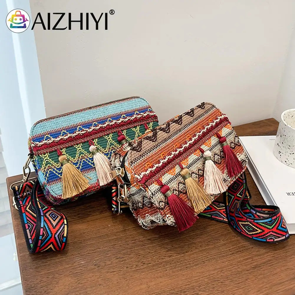 Ethnic Style Women PU Leather Stripes Printing Shoulder Crossbody Messenger Bag