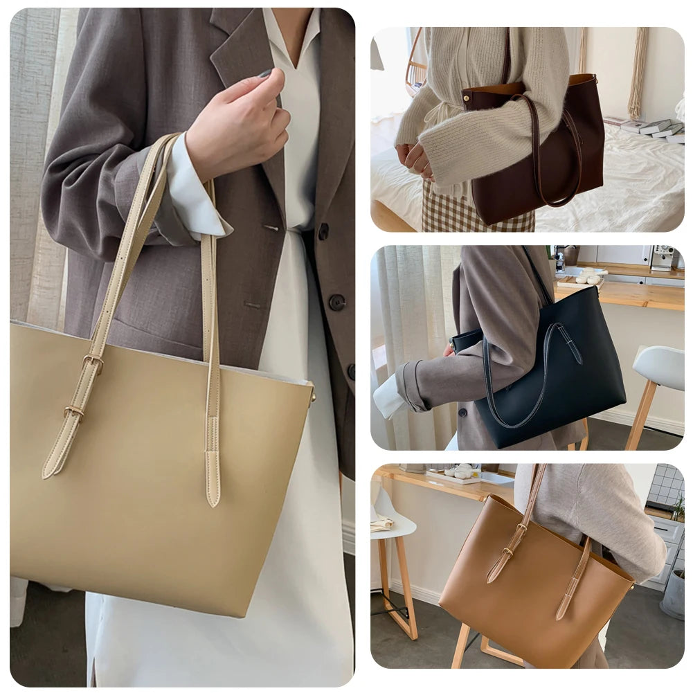 2pcs/Set PU Handbag Women Big Capacity Lady Shoulder Clutch