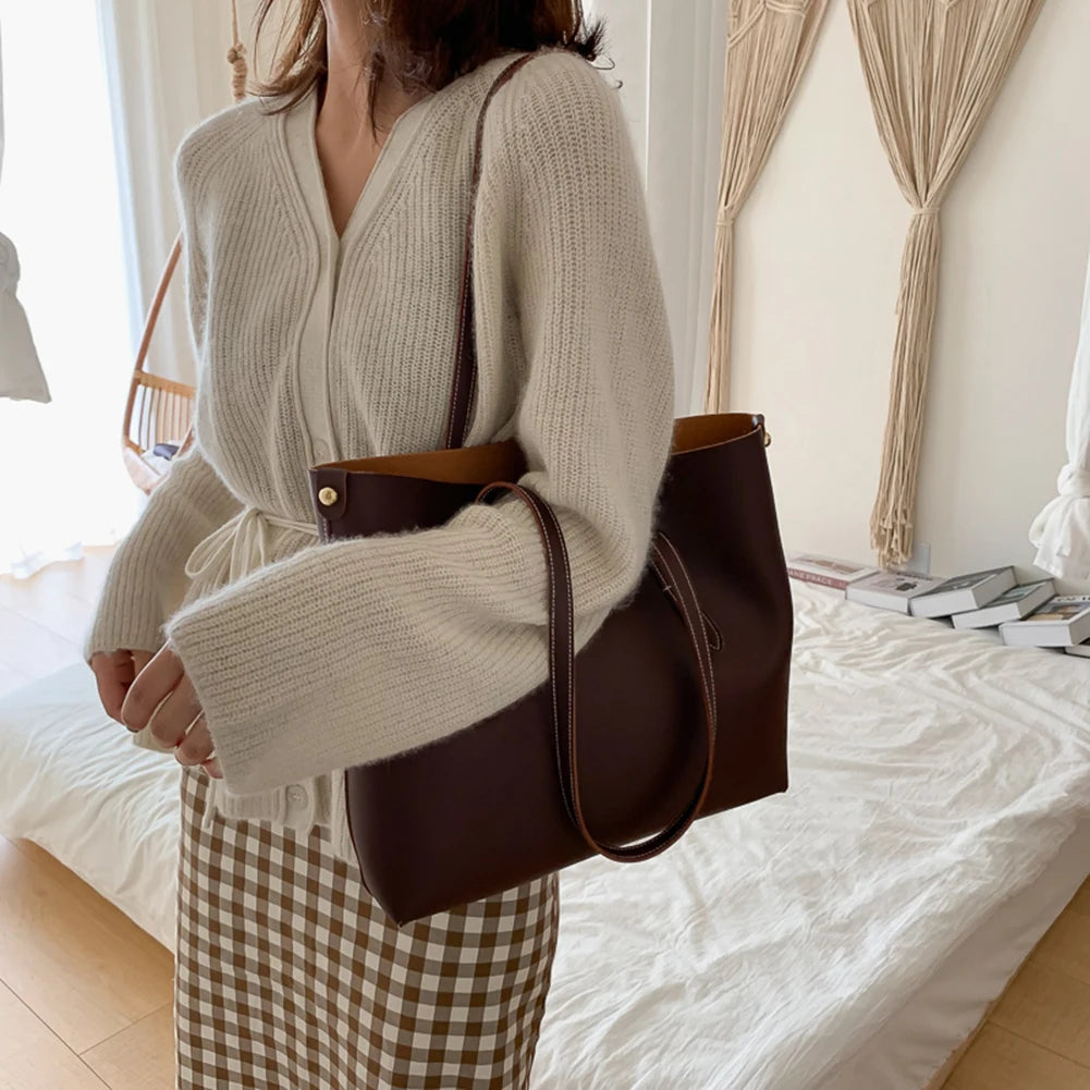 2pcs/Set PU Handbag Women Big Capacity Lady Shoulder Clutch