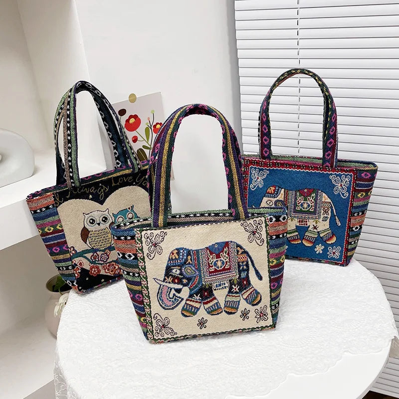 Retro Casual Women Totes Shoulder Bags Embroidery Canvas Handbags
