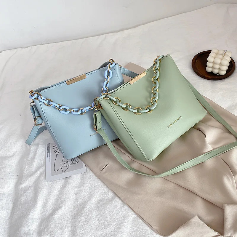 Retro Casual Women Totes Shoulder Bags - Leather Solid Chain Handbags