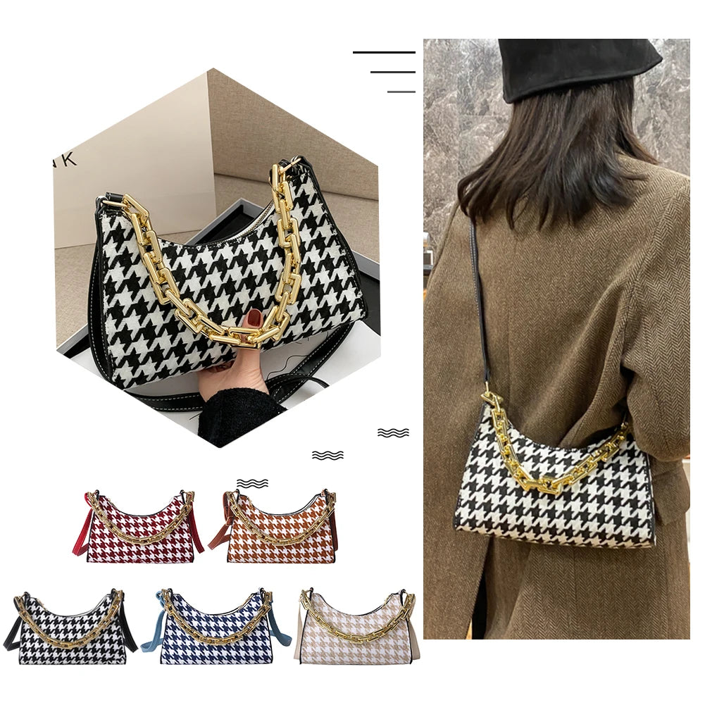 Vintage Houndstooth Chain Hobo Tote PU Shoulder Bag