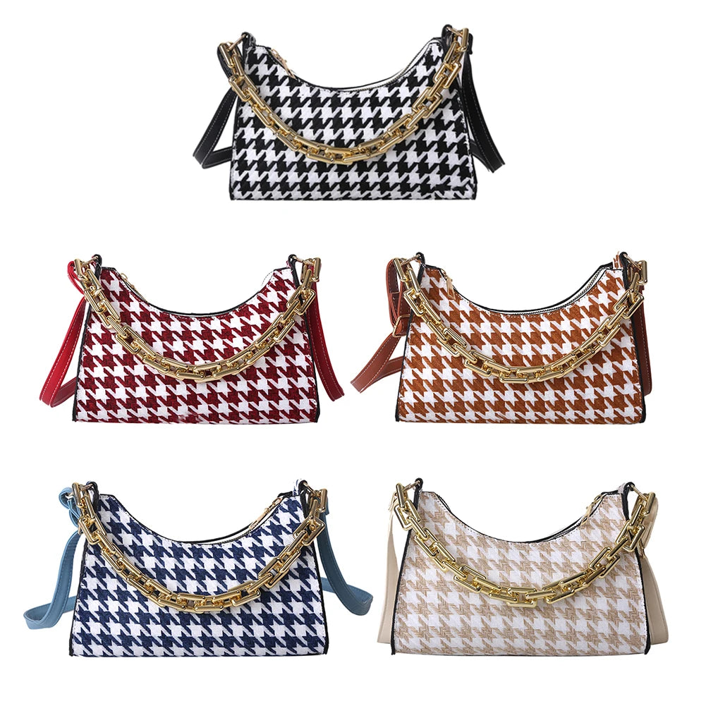 Vintage Houndstooth Chain Hobo Tote PU Shoulder Bag