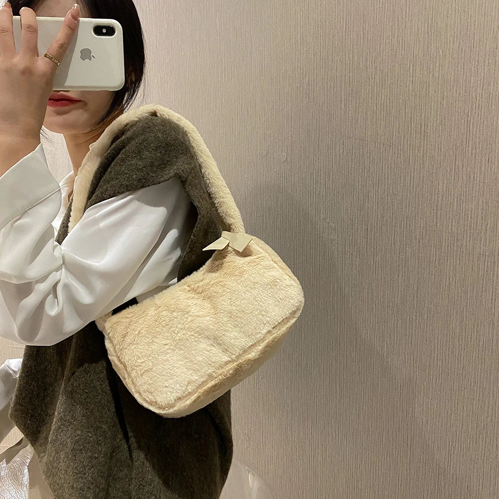 Vintage Plush Handbag Women Underarm Purse Top-handle Bag
