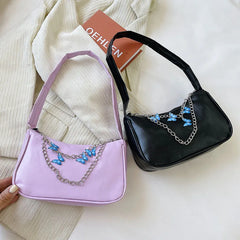 Retro Casual Totes Shoulder Bags for Women Butterfly Print Chain Handbags