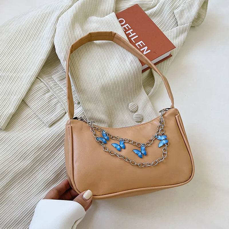 Retro Casual Totes Shoulder Bags for Women Butterfly Print Chain Handbags
