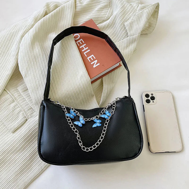 Retro Casual Totes Shoulder Bags for Women Butterfly Print Chain Handbags