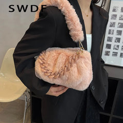 Fluffy Plush Women Shoulder Bag with Acrylic Chains Crossbody Bags