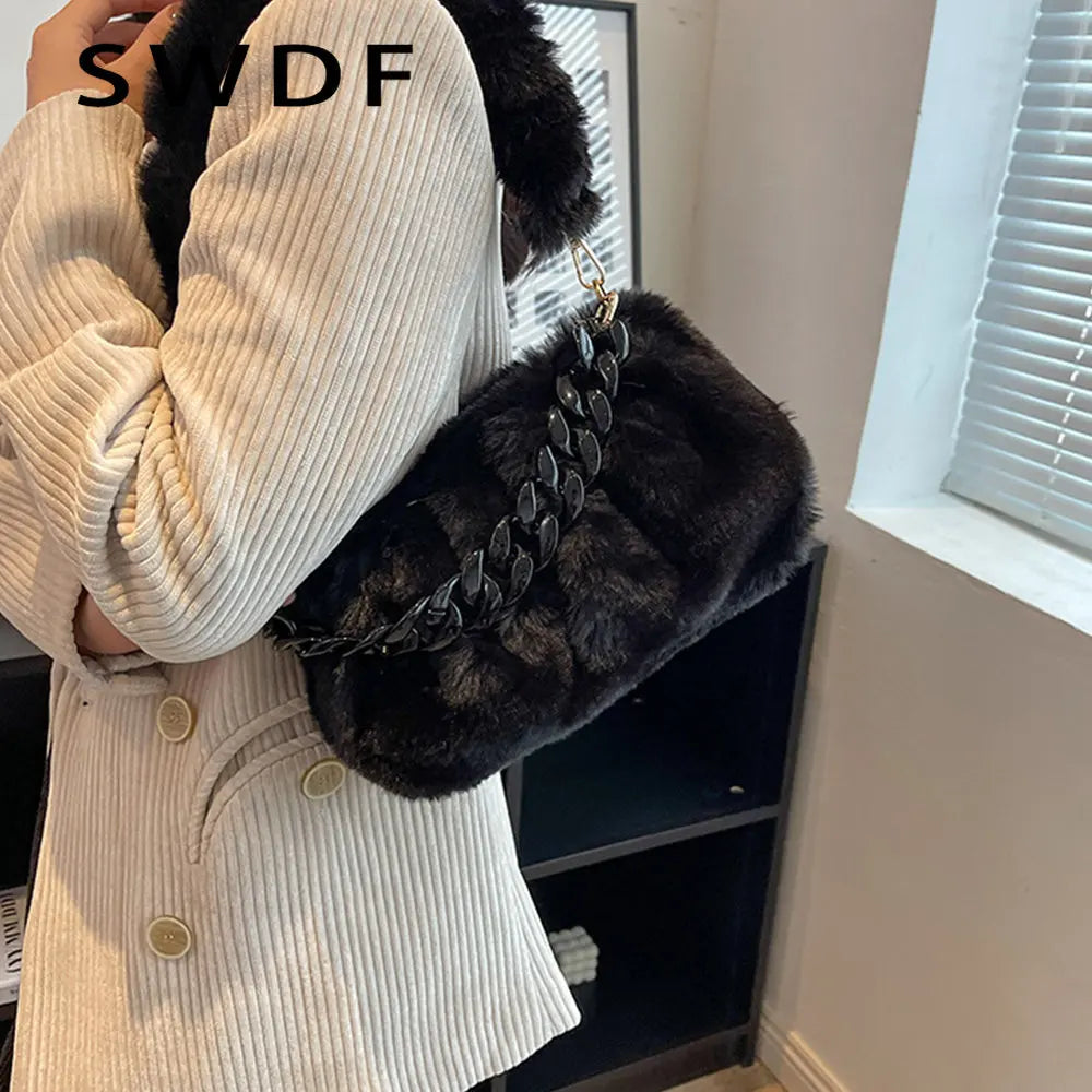 Fluffy Plush Women Shoulder Bag with Acrylic Chains Crossbody Bags
