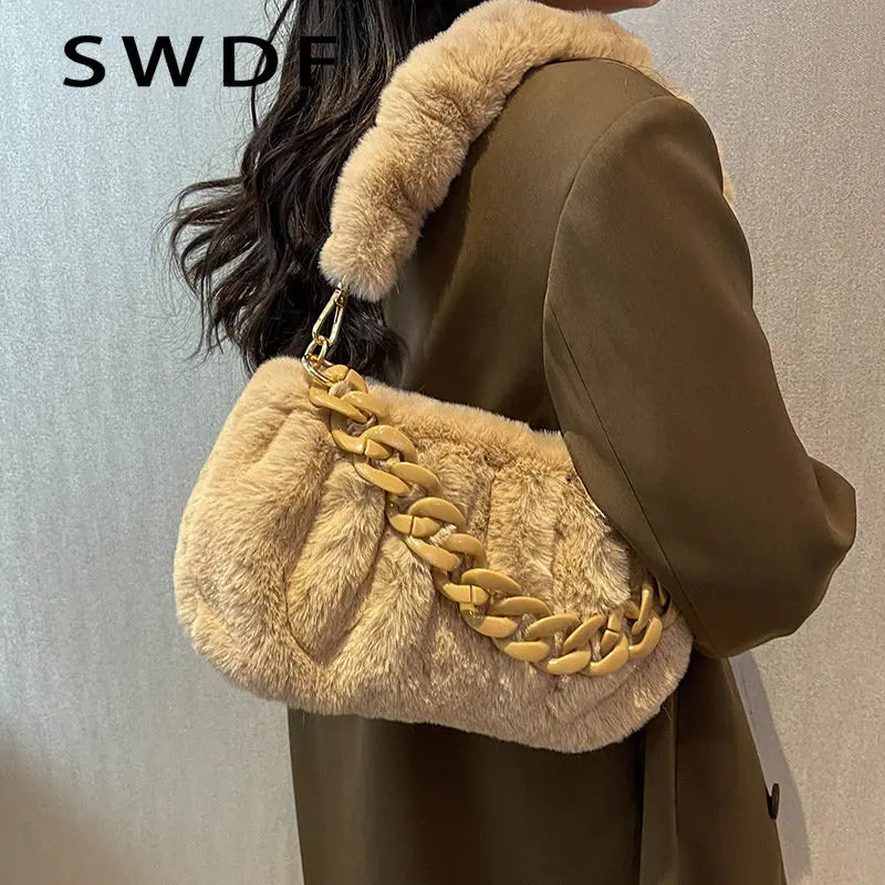 Fluffy Plush Women Shoulder Bag with Acrylic Chains Crossbody Bags