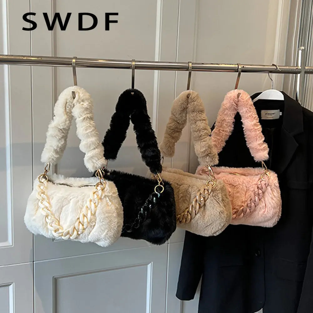 Fluffy Plush Women Shoulder Bag with Acrylic Chains Crossbody Bags