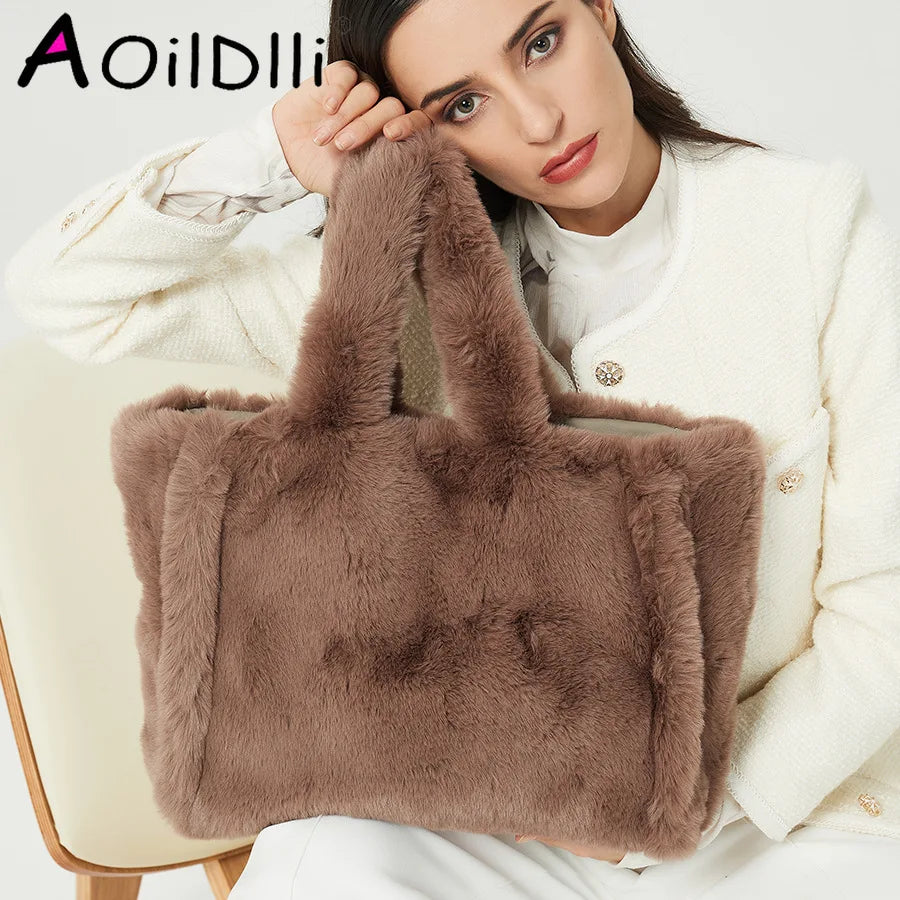 Faux Fur Large Tote Bag Teddy Women Handbags Soft Fluffy Plush Lady Handbags