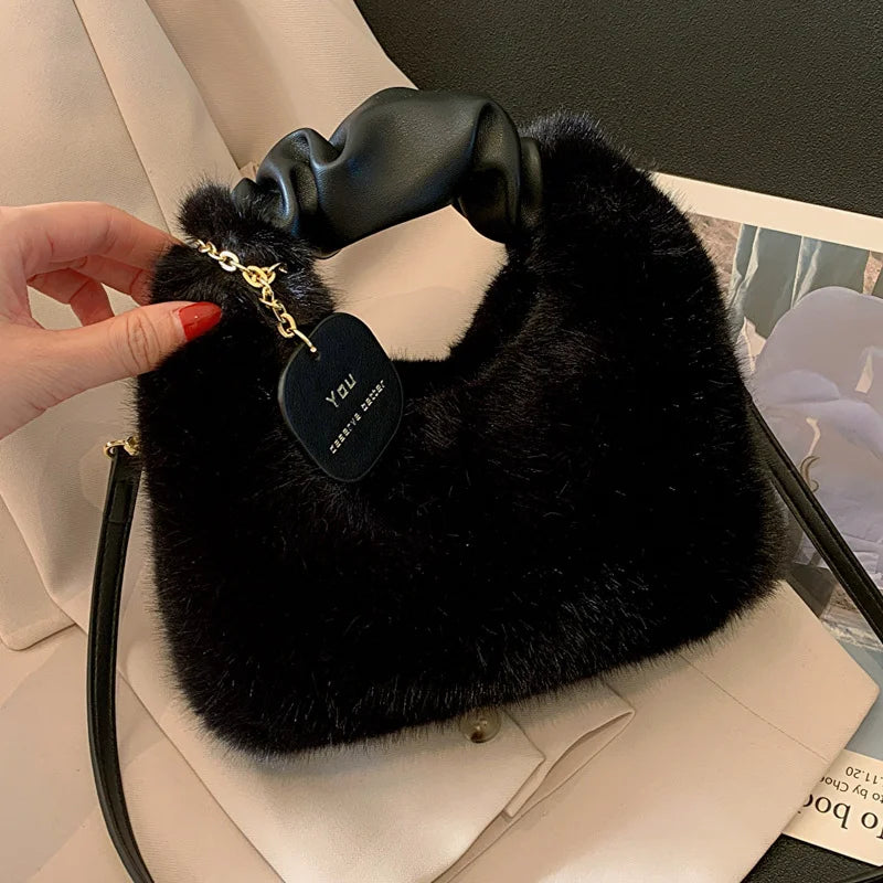 Faux Fur Handbag Hobos Zipper Small Shoulder Crossbody Bags for Women