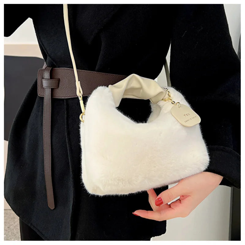 Faux Fur Handbag Hobos Zipper Small Shoulder Crossbody Bags for Women