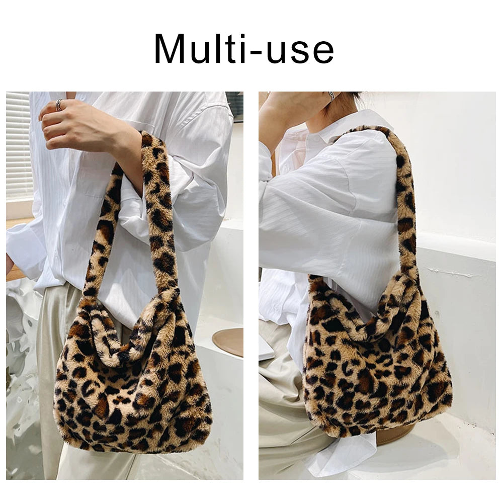 Faux Fur Women Shoulder Bag Love Heart Printing Soft Plush Female Crossbody Bag