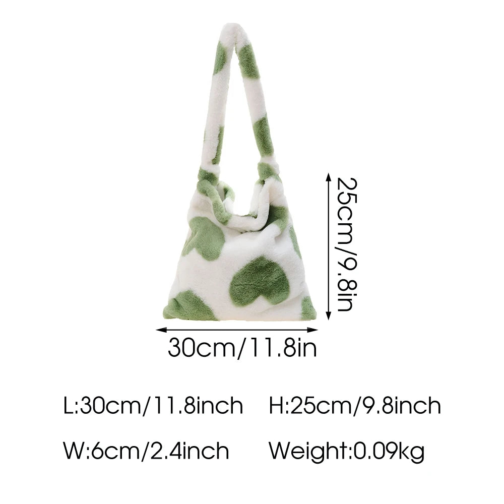 Faux Fur Women Shoulder Bag Love Heart Printing Soft Plush Female Crossbody Bag