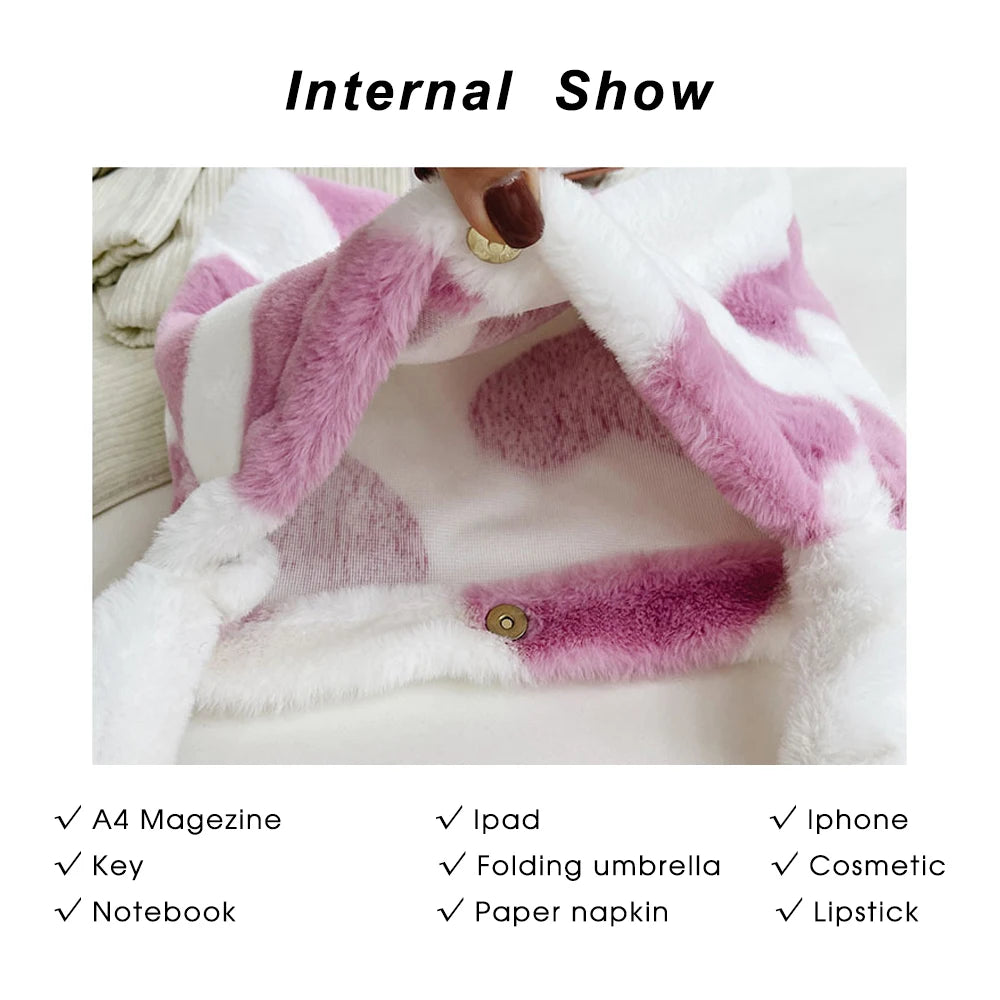 Faux Fur Women Shoulder Bag Love Heart Printing Soft Plush Female Crossbody Bag